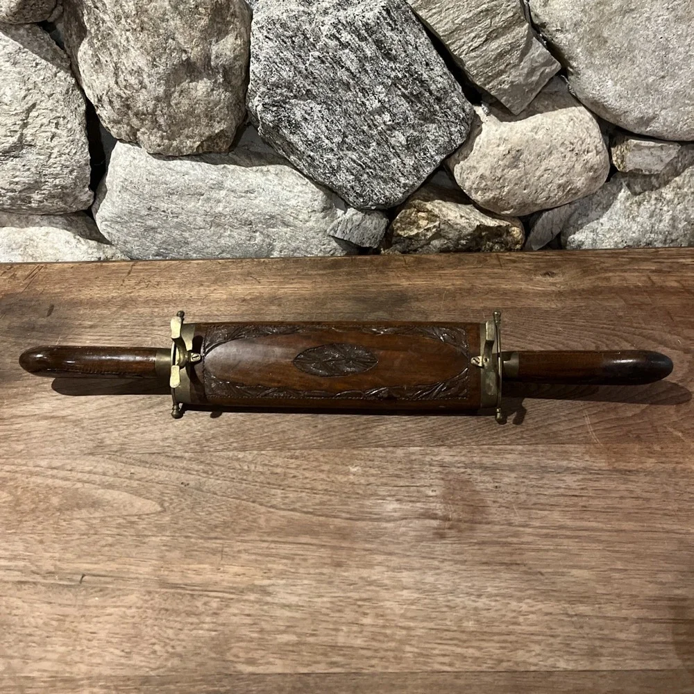 Vintage Hand Carved Wood & Brass Meat Carving Set Made in India